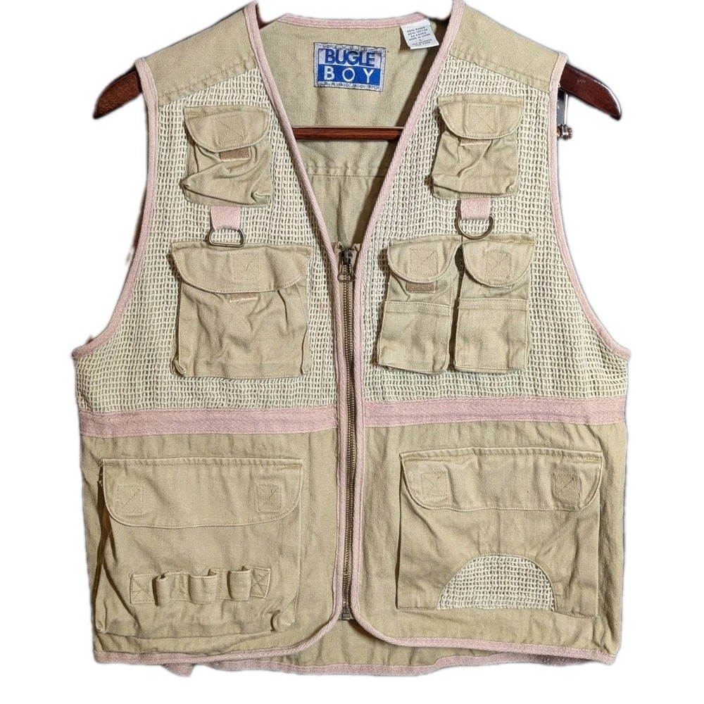 Vintage‎ Bugle Boy Utility Fishing Vest L Tan Mesh Pockets Outdoors 90s Y2K